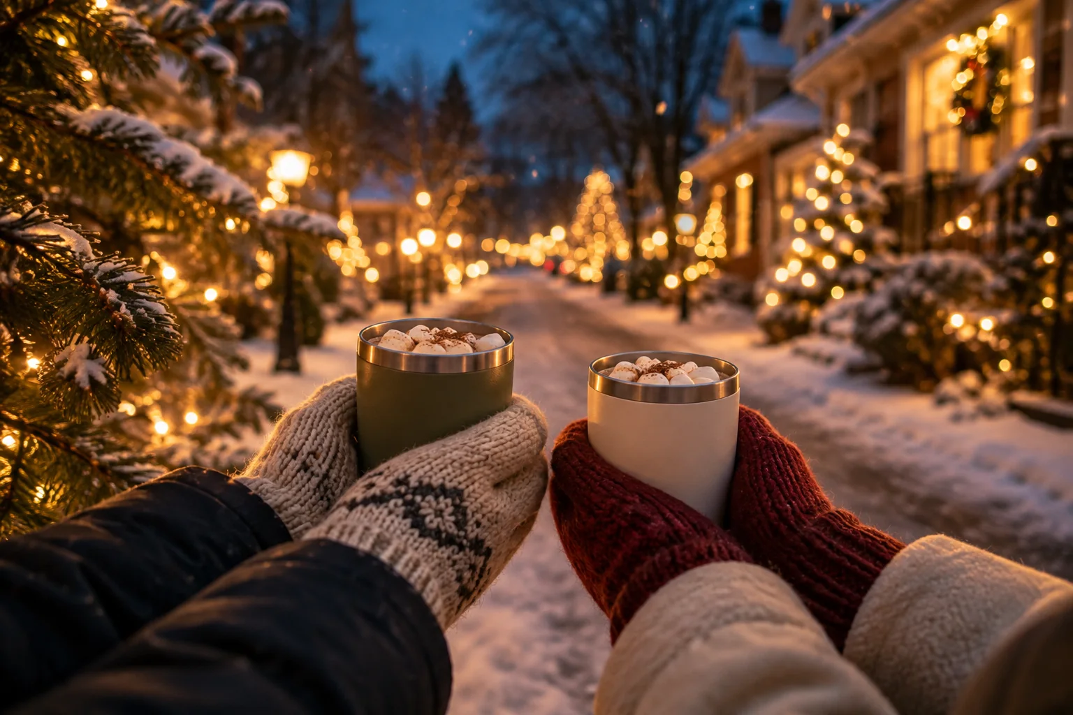 Two warm cups of cocoa on an evening walk through Christmas lights