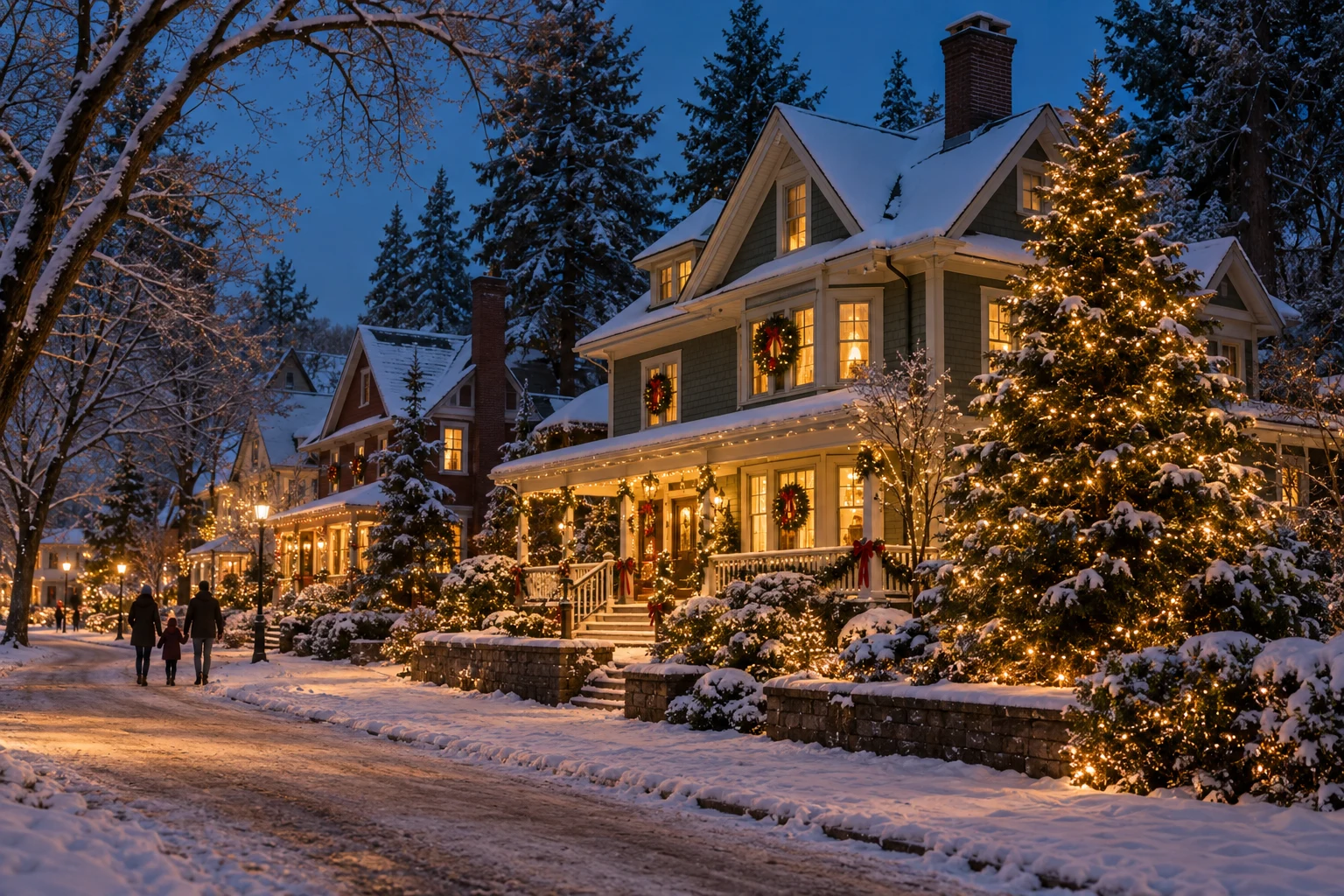 A warmly lit neighborhood decorated for Christmas beneath a snowy evening sky