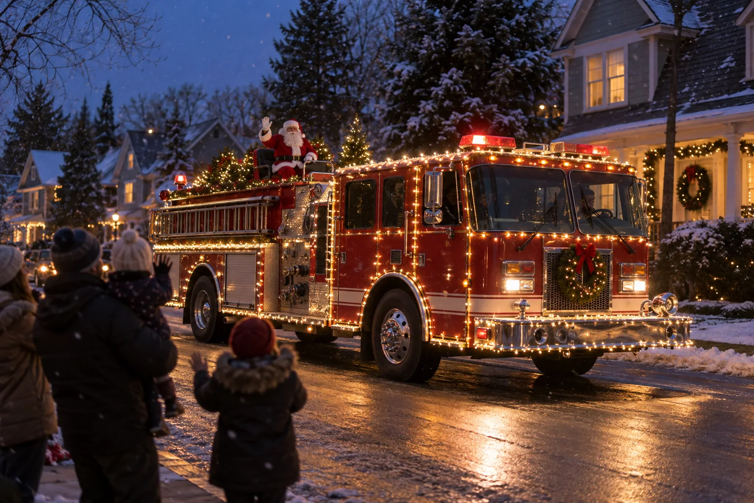 Santa waves from a Christmas-lit fire engine as families gather on a snowy neighborhood street